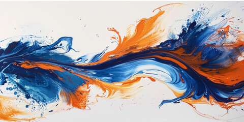 Turbulent swirls of royal blue and fiery orange colliding and blending in water, forming a dynamic...