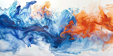 Turbulent swirls of royal blue and fiery orange colliding and blending in water, forming a dynamic and vivid abstract composition on a white surface.