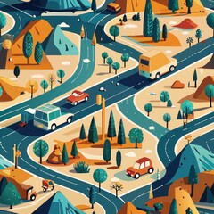 Seamless pattern of road trippers driving along scenic highways, Generative AI