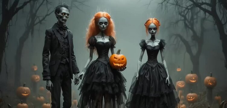 Two zombie girls and a man with pumpkins for Halloween
