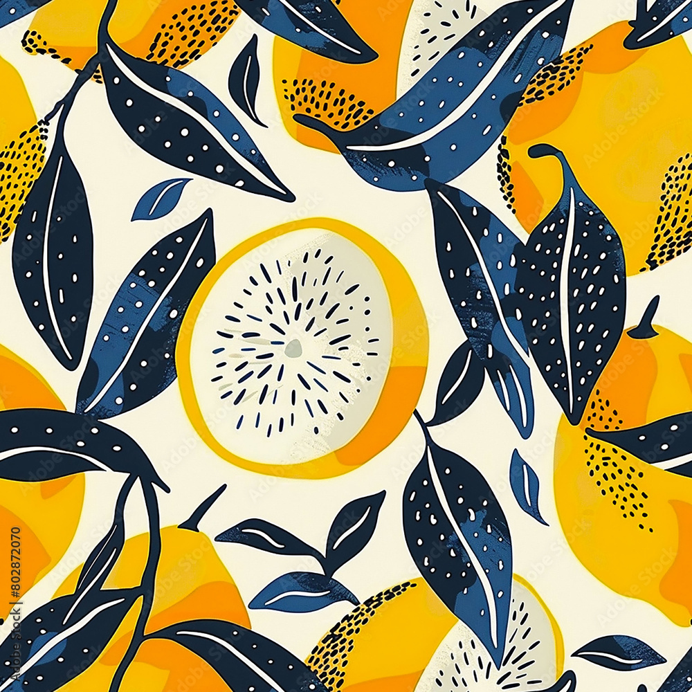 Wall mural abstract seamless pattern with lemons, circles, dots. stylized citrus fruit repeated background. col