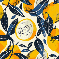 abstract seamless pattern with lemons, circles, dots. Stylized citrus fruit repeated background....