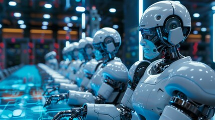 Fototapeta premium Advanced robots gathered around a futuristic digital business strategy table