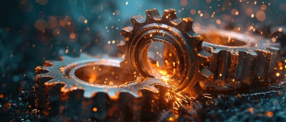 A pair of intertwined gears emitting sparks, symbolizing efficiency.