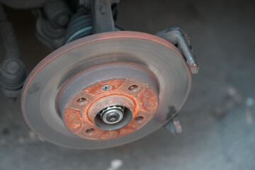 Photo shows disassembled car brake rotors, pads, and calipers, illustrating maintenance or repair...