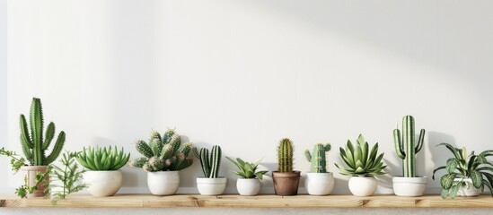 Cacti are displayed on wooden shelves in a vacant room against a white wall with space for text.