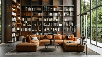3d rendering loft luxury living room with bookshelf near bookshelf
