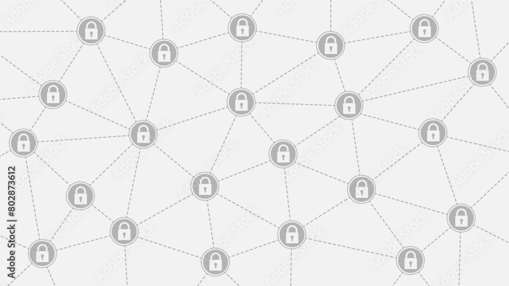 Wall mural a network of padlock icons connected by dotted lines on a grey background, symbolizing interconnecte