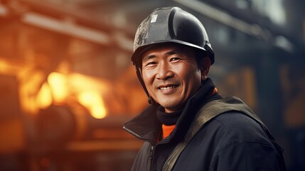 Asian positive steel mill worker in a hard hat and uniform looking at the camera while in the production workshop. steel mill concept