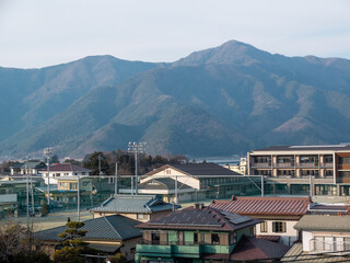 Japanese architecture and mountain scenery