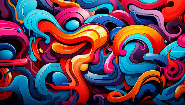 Abstract graffiti background with colorful cartoon characters and numbers in the style of street art. A vivid pattern featuring various shapes, forms, shadows, highlights, and reflections.