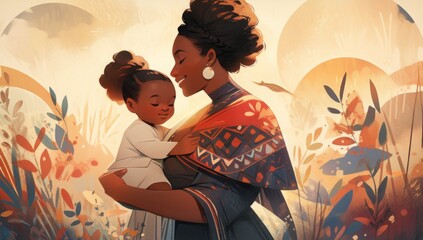 Vibrant Abstract Artwork of African American Mother and Child Embraced in Lush Jungle，maternal love, International Children's Day, love, festival poster
