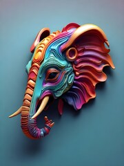 3D vector rainbow colored, wavy fractal neon Elephants head.