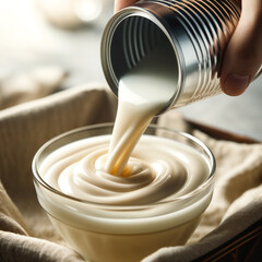 Pouring Sweetened Condensed Milk into a Bowl for Dessert Preparation
