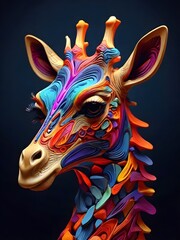 3D vector rainbow colored, wavy fractal neon Giraffe head.