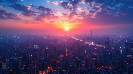 night city landscape with lights on and sunset