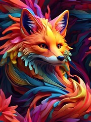 3D vector rainbow colored, wavy fractal neon Fox head.