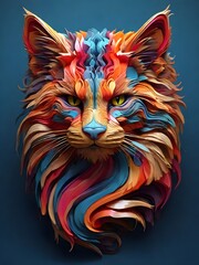 3D vector rainbow colored, wavy fractal neon cat head.