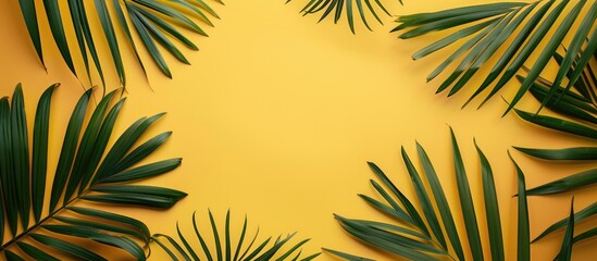 Tropical palm fronds set against a yellow backdrop, embodying a summer theme. Viewed from above with an uncluttered layout, allowing for text placement.