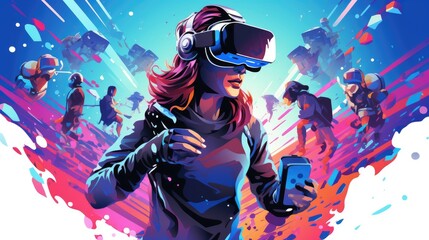 Virtual reality gaming enthusiasts cartoon illustration - Generative AI. Virtual, reality, glasses, man, woman.