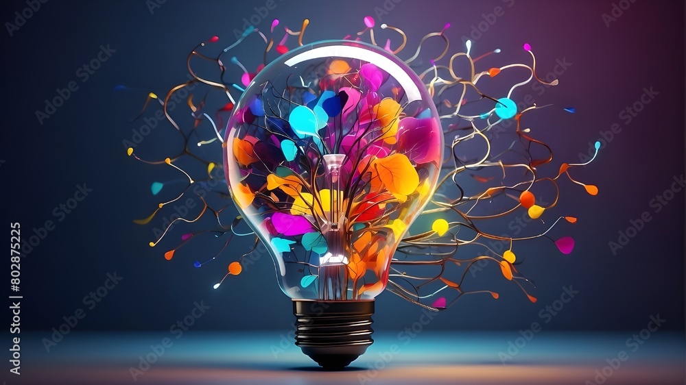 Poster a light bulb with colorful bubbles and colorful bubbles on the top.
