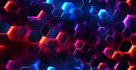 Abstract background with neon glowing hexagons, 3D rendering illustration of a futuristic geometric pattern. Modern wallpaper design for a banner, poster or cover in dark colors. AI generated