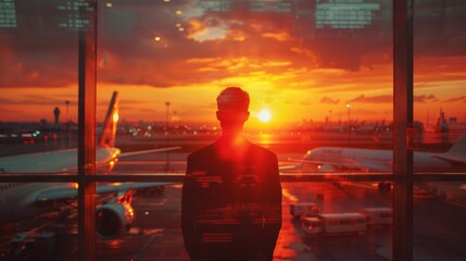 Businessman silhouette watching planes on runway against vibrant sunset sky