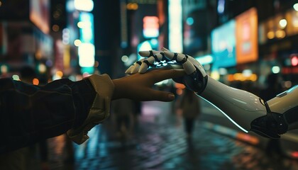 Robot hand reaching out to a human hand, Symbolizing the interaction and collaboration between humans and AI