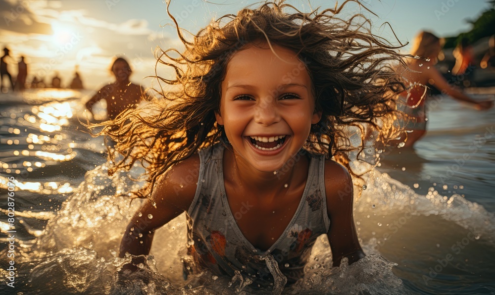 Wall mural little girl playing in water