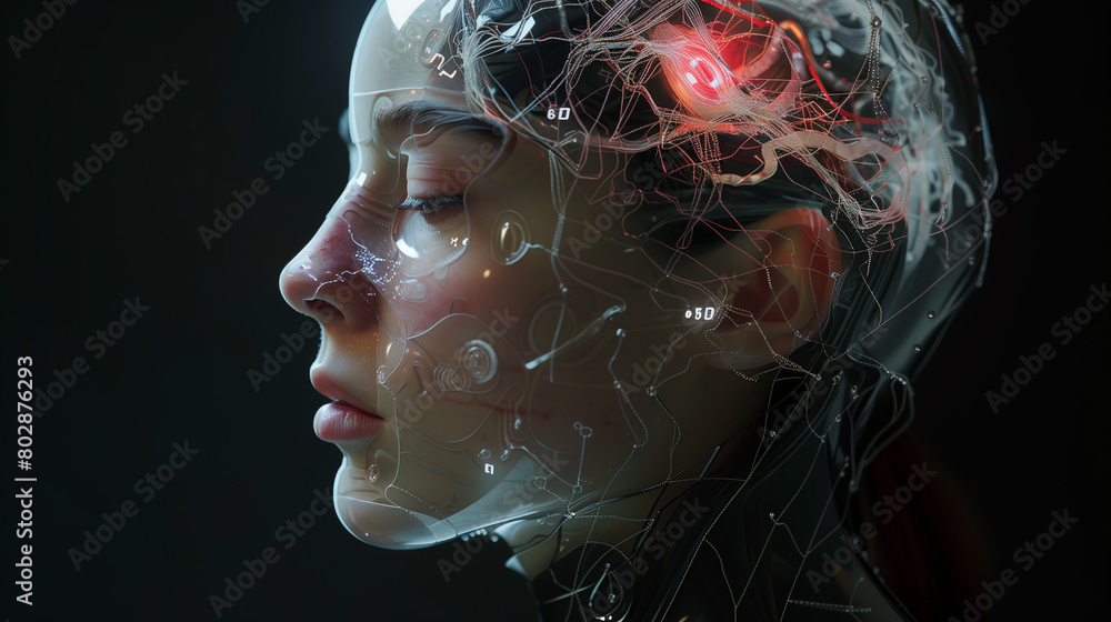 Poster visualize a future where humans communicate telepathically through brain-computer interfaces.