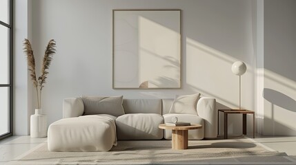 3D rendering of contemporary living room with minimalist furniture and artwork