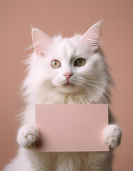 Portrait of Flulffy long hair white cat holding a blank card creamy peach, pastel background.