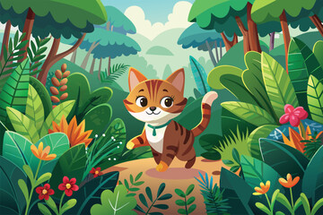 Playful orange striped kitten in a lush green jungle, adventurous cat exploring garden vector cartoon illustration.