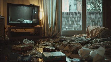 A Gloomy Evening Filled with Sad Cinematic Stories in a Lonely Room