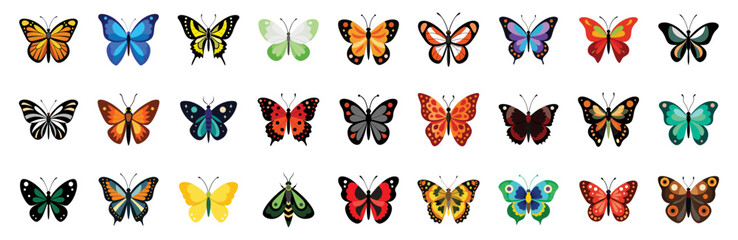 Collection of Colorful Butterfly Icons, flat vector cartoon illustration. Various types of butterflies - blue morpho, swallowtail, peacock pansy, admiral, painted lady, cabbage white, glasswing.