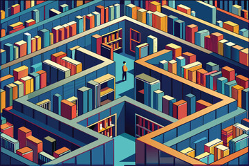 Man navigating through maze of bookshelves, vector cartoon illustration. This conceptual art showcases person in library labyrinth, symbolizing search for knowledge or decision-making.