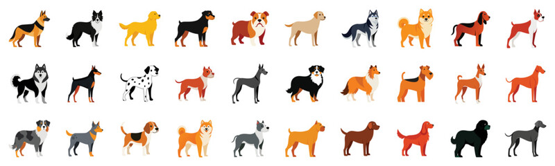 Collection of Dog Breeds Icons, vector cartoon illustration. Diverse dogs - German Shepherd, Golden Retriever, Labrador, Bulldog, Boxer, Dalmatian, Rottweiler, Husky, Beagle.