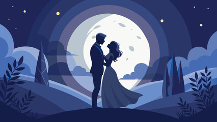 Romantic couple silhouette against full moon vector cartoon illustration. Love and intimacy under starry night sky.