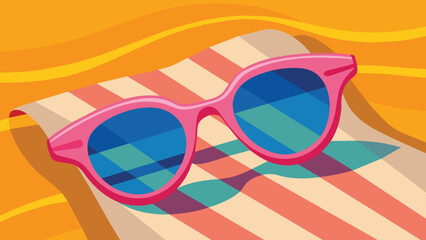 Pair of pink stylish sunglasses on a striped beach towel, vector cartoon illustration.