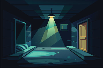 Mysterious hallway with a single light source vector cartoon illustration. Corridor leading to unknown destination.