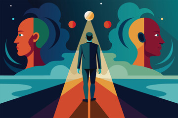 Man between two profile faces with celestial elements, vector cartoon illustration. Abstract depiction of person making choice or experiencing dichotomy, set against night sky backdrop.