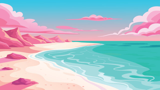 Scenic pink sunset at a tranquil beach, vector cartoon illustration.