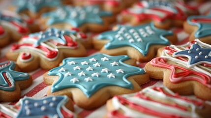 Fototapeta premium Homemade Star Shaped Christmas Cookies with American Flag Icing and Sprinkles on Festive Background