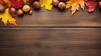 A rustic wooden table with a frame of autumn leaves scattered around it.