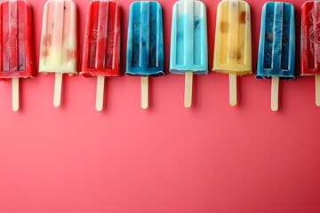 Vibrant Assortment of Colorful Frozen Popsicles Arranged on Bright Background