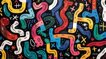 A pattern of colorful maze-like shapes, interconnected by white lines and surrounded by a black background. abstract background, wallpaper, poster