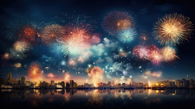 Illustration of fireworks bursting into the night sky.