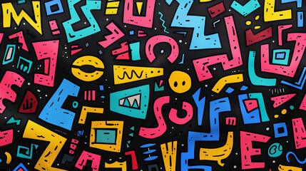 A pattern of colorful maze-like shapes, interconnected by white lines and surrounded by a black background. abstract background, wallpaper, poster