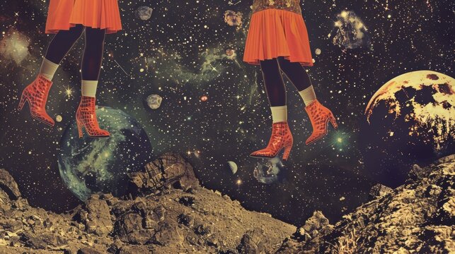 Contemporary digital collage art. Women's legs in a stylish cosmic space. Women power, ladies, communities, feminism concept