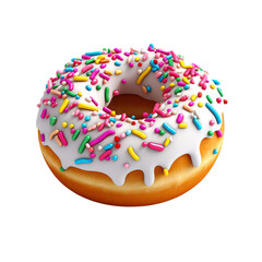A delicious donut with white frosting and colorful sprinkles. isolated on transparent background.